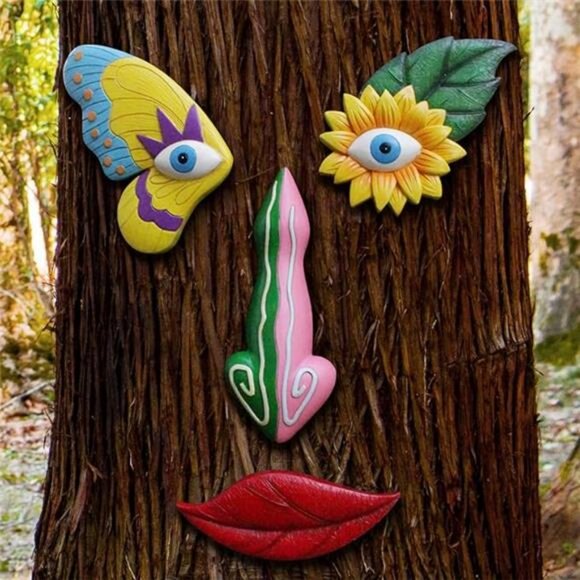 Tree Faces Decor ,Funny Tree Faces Sculpture, Colorful Fence Decorations Outdoor - Picture 7 of 7